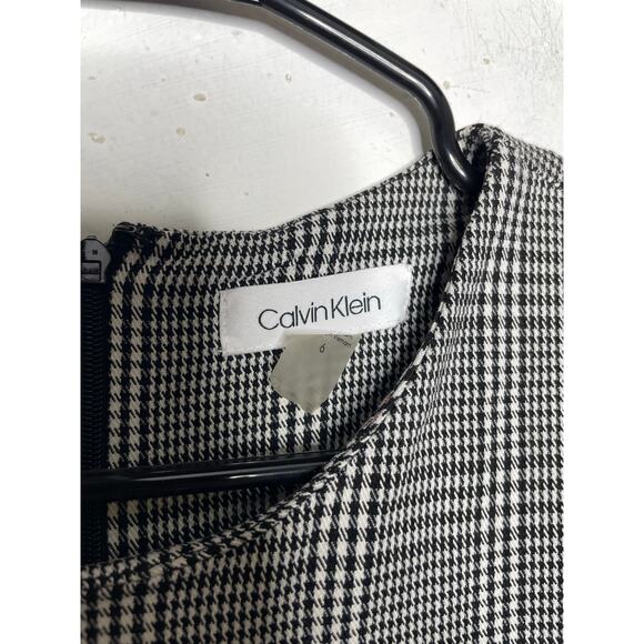 Calvin Klein Size 6R  Black White Houndstooth Sleeveless Ruffled Tulip Dress - Picture 2 of 7